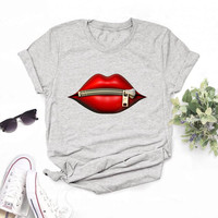 Moda damska Casual cekiny czerwona warga T-Shirt t-shirty 2020 Vintage kreatywność zipper usta T-Shirt,drop ship 5